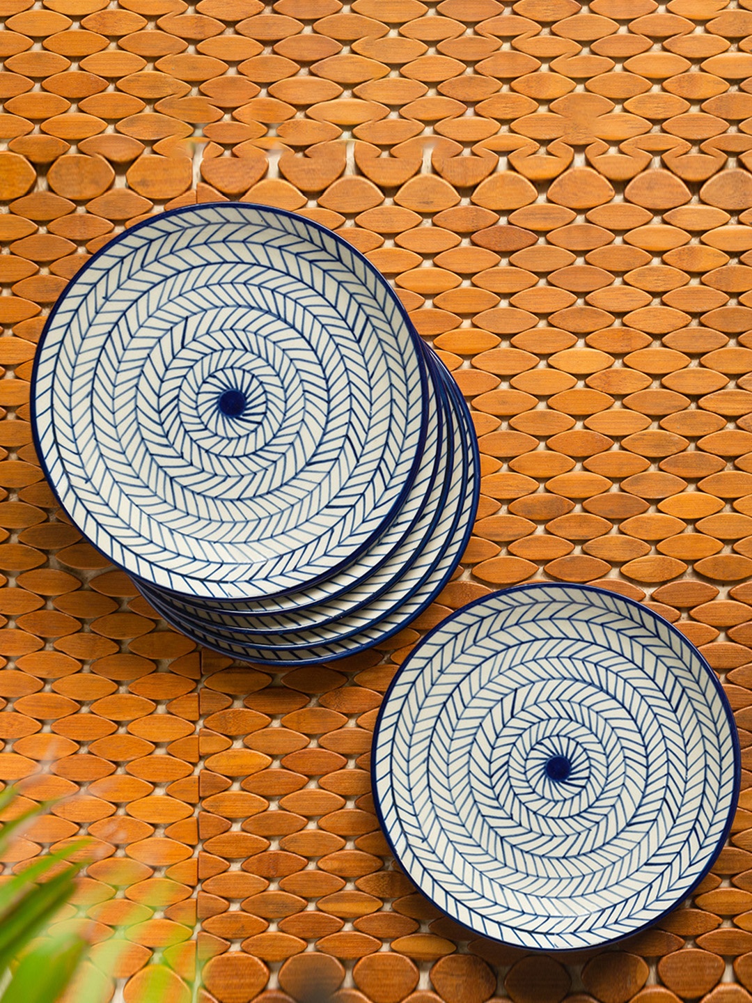 

ExclusiveLane Set of 6 Indigo Chevron Hand-painted Ceramic Dinner Plates, Blue