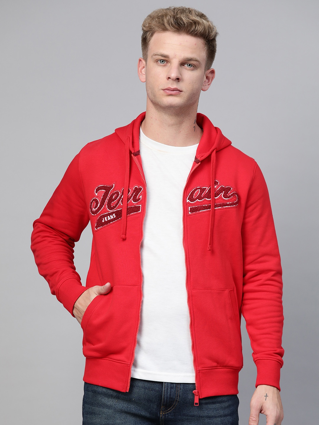 

Indian Terrain Men Red Solid Hooded Sweatshirt