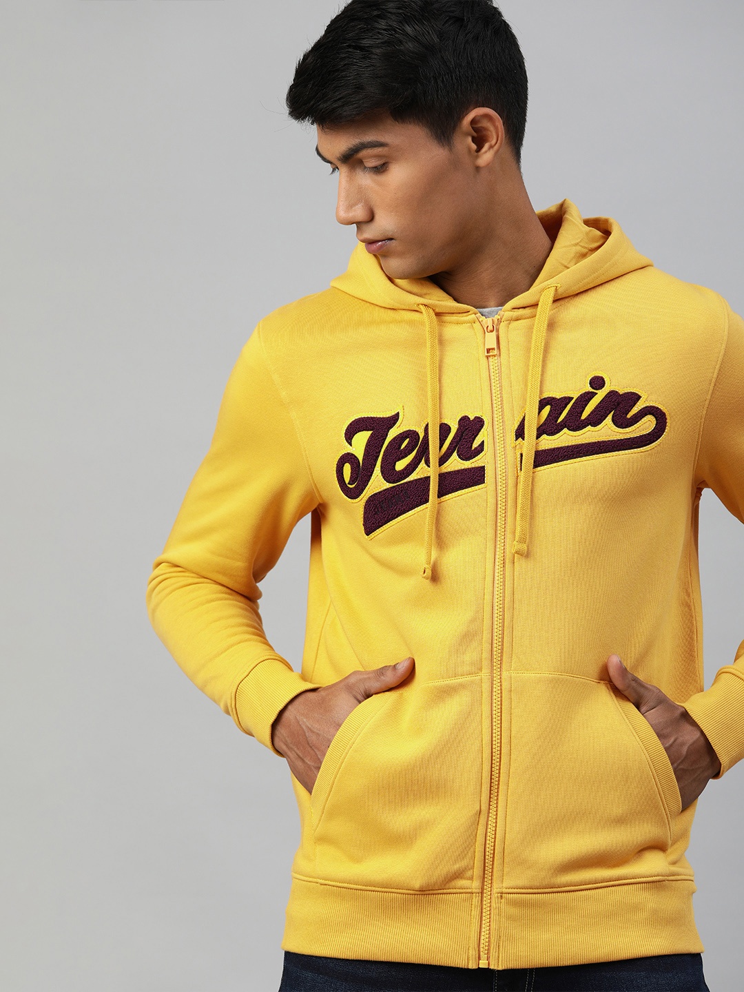 

Indian Terrain Men Yellow Printed Hooded Front-Open Sweatshirt