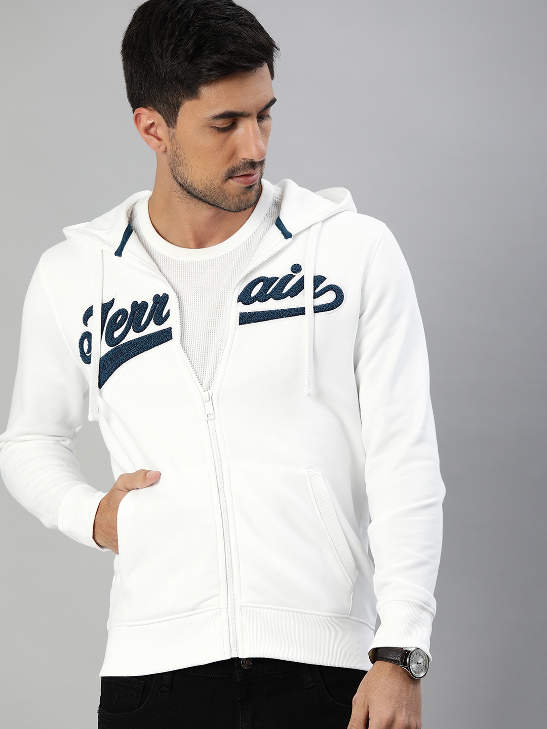

Indian Terrain Men White Printed Hooded Sweatshirt