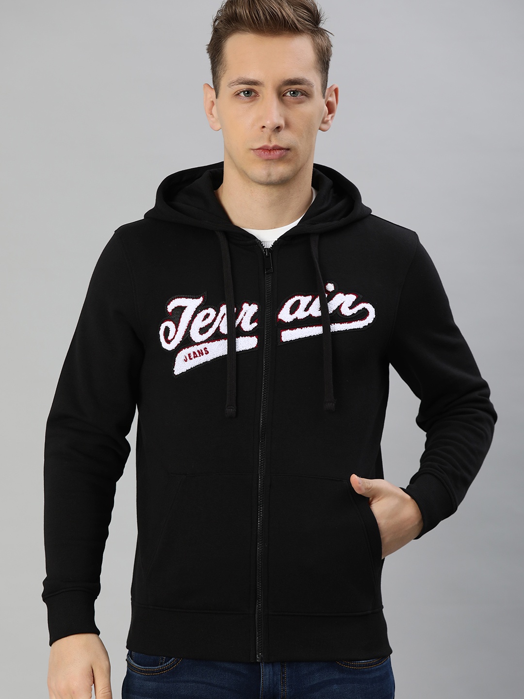 

Indian Terrain Men Black & White Printed Hooded Sweatshirt