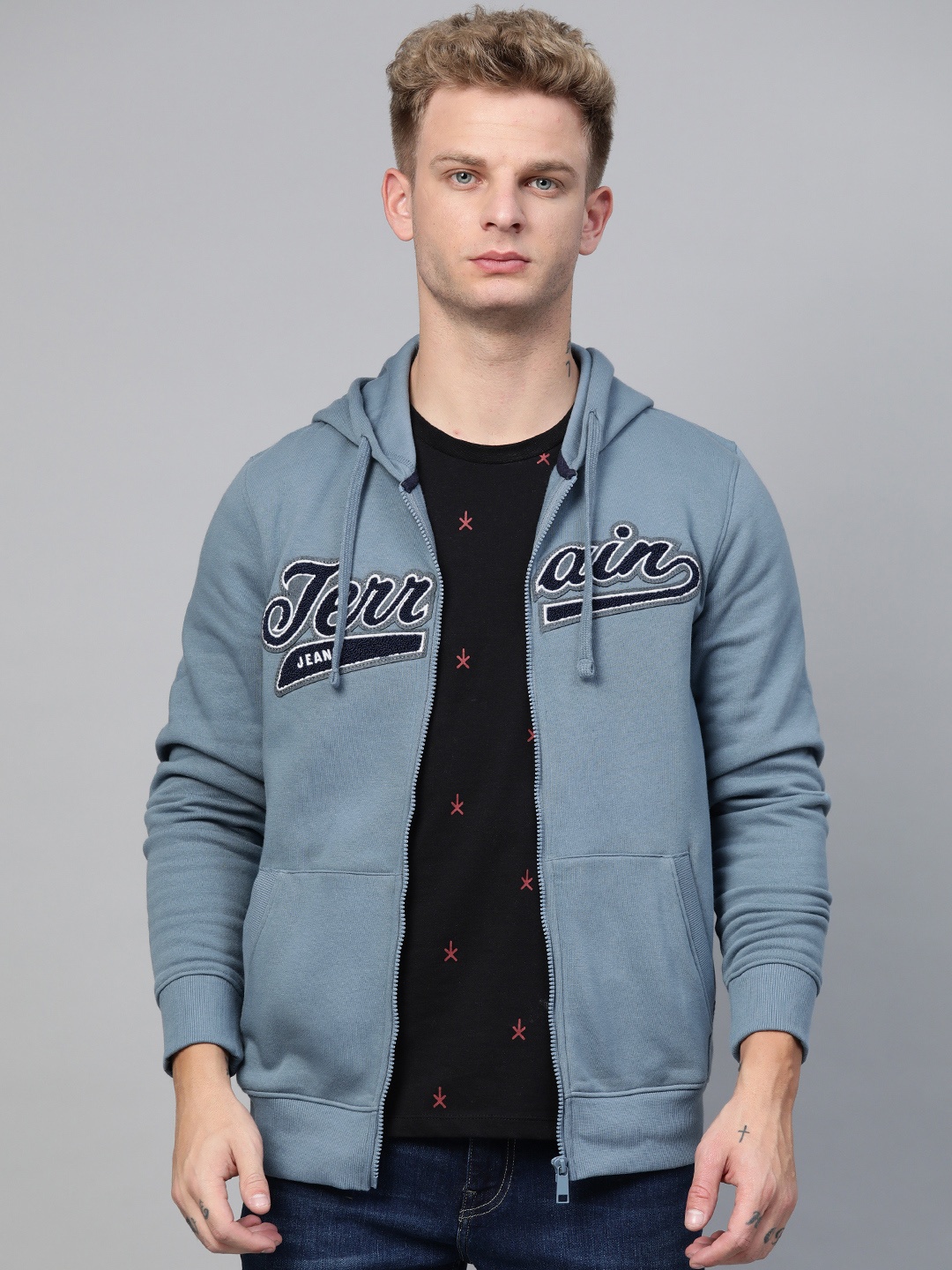 

Indian Terrain Men Blue & Black Solid Hooded Sweatshirt