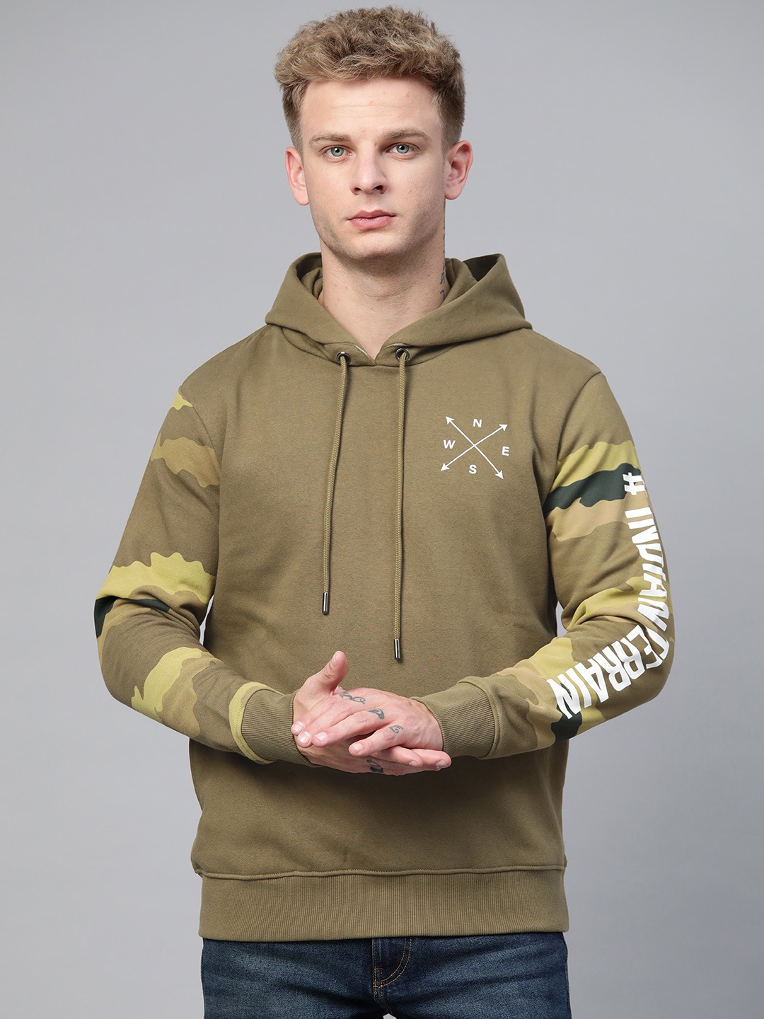 

Indian Terrain Men Olive Green Solid Hooded Sweatshirt