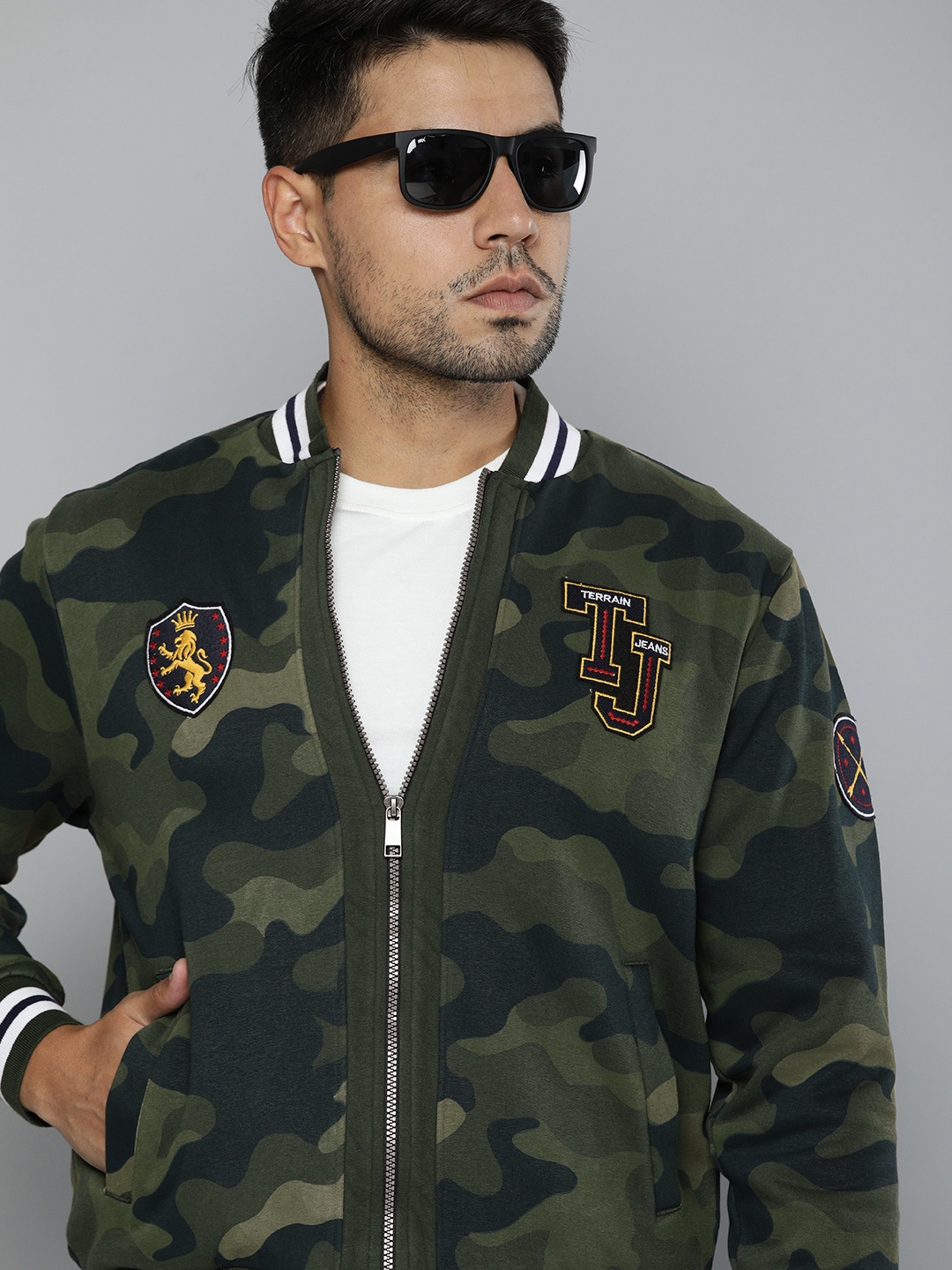 

Indian Terrain Men Green Camouflage Varsity Jacket