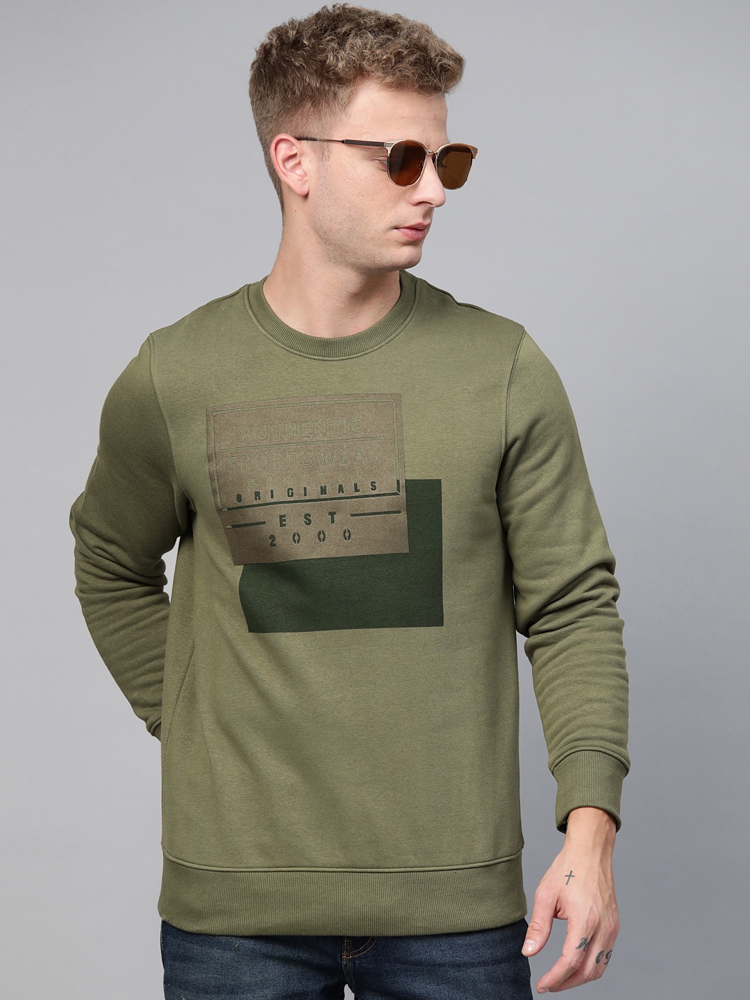 

Indian Terrain Men Olive Green & Taupe Printed Sweatshirt