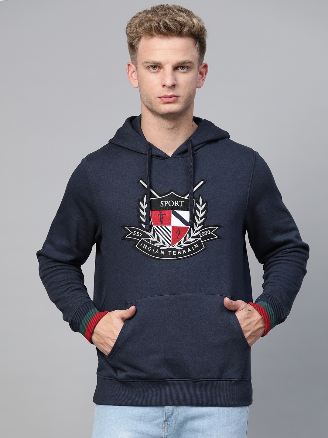 

Indian Terrain Men Navy Blue Solid Hooded Sweatshirt