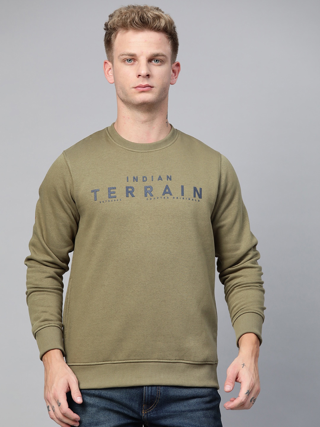 

Indian Terrain Men Olive Green Solid Sweatshirt