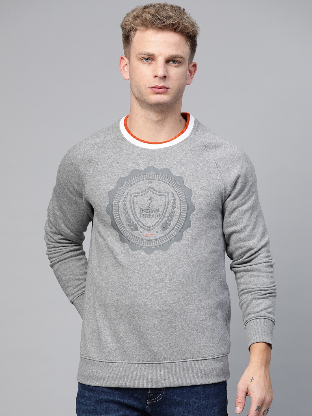 

Indian Terrain Men Grey Melange & White Printed Sweatshirt