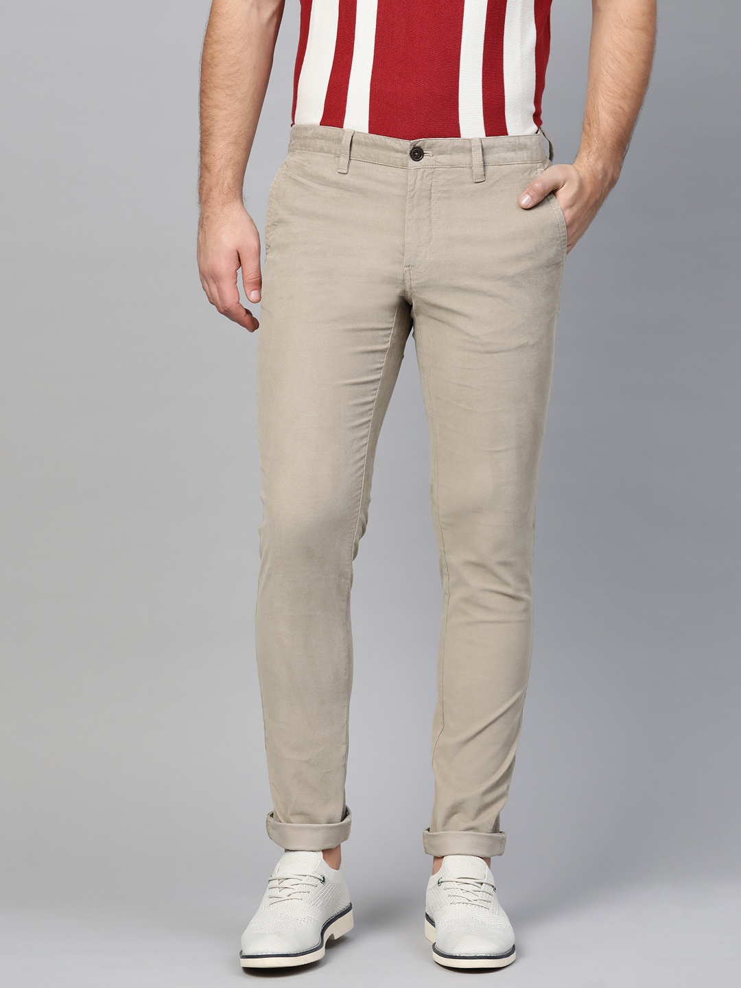 

Indian Terrain Men Beige Brooklyn Slim Fit Solid Corduroy Regular Trousers