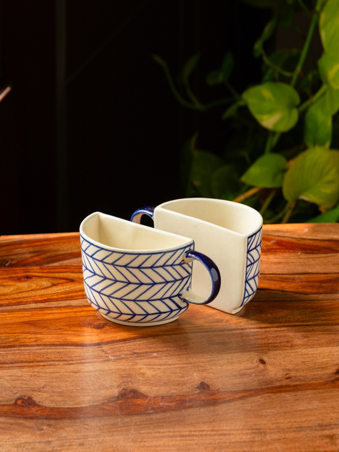 

ExclusiveLane White & Blue Set Of 2 Hand-Painted Ceramic Tea & Coffee Cups Set 200 ML Each