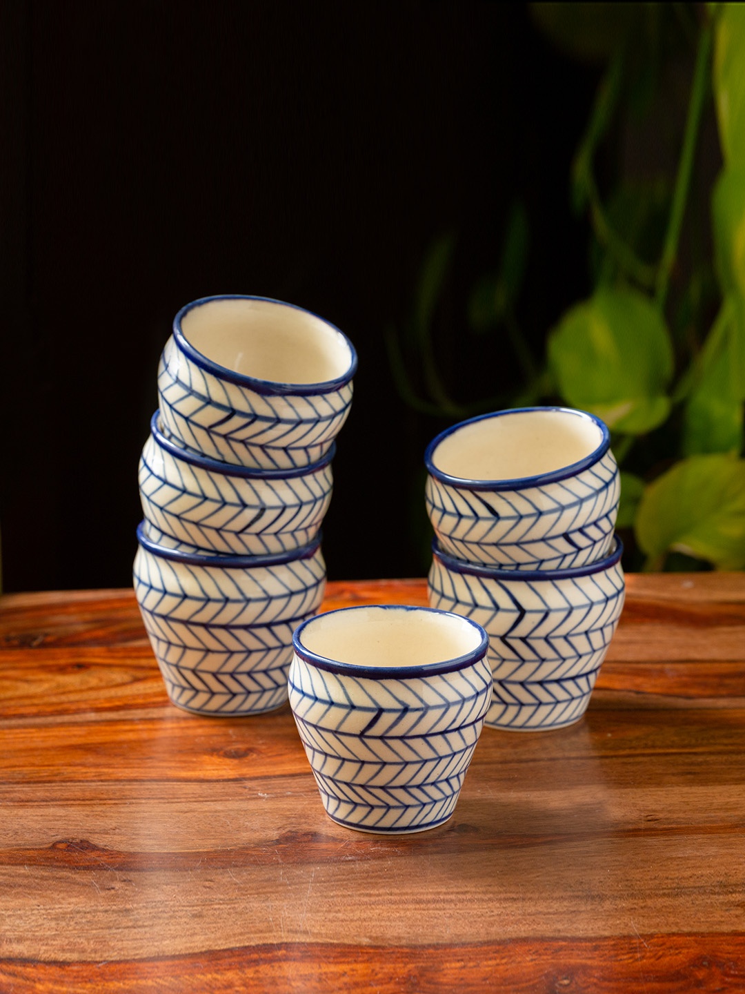 

ExclusiveLane White & Blue Set Of 6 Hand-Painted Ceramic Kulladhs 170 ML Each