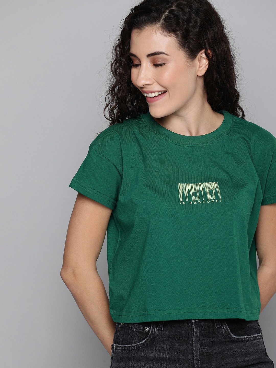 

HERENOW Women Green Printed Round Neck Pure Cotton T-shirt