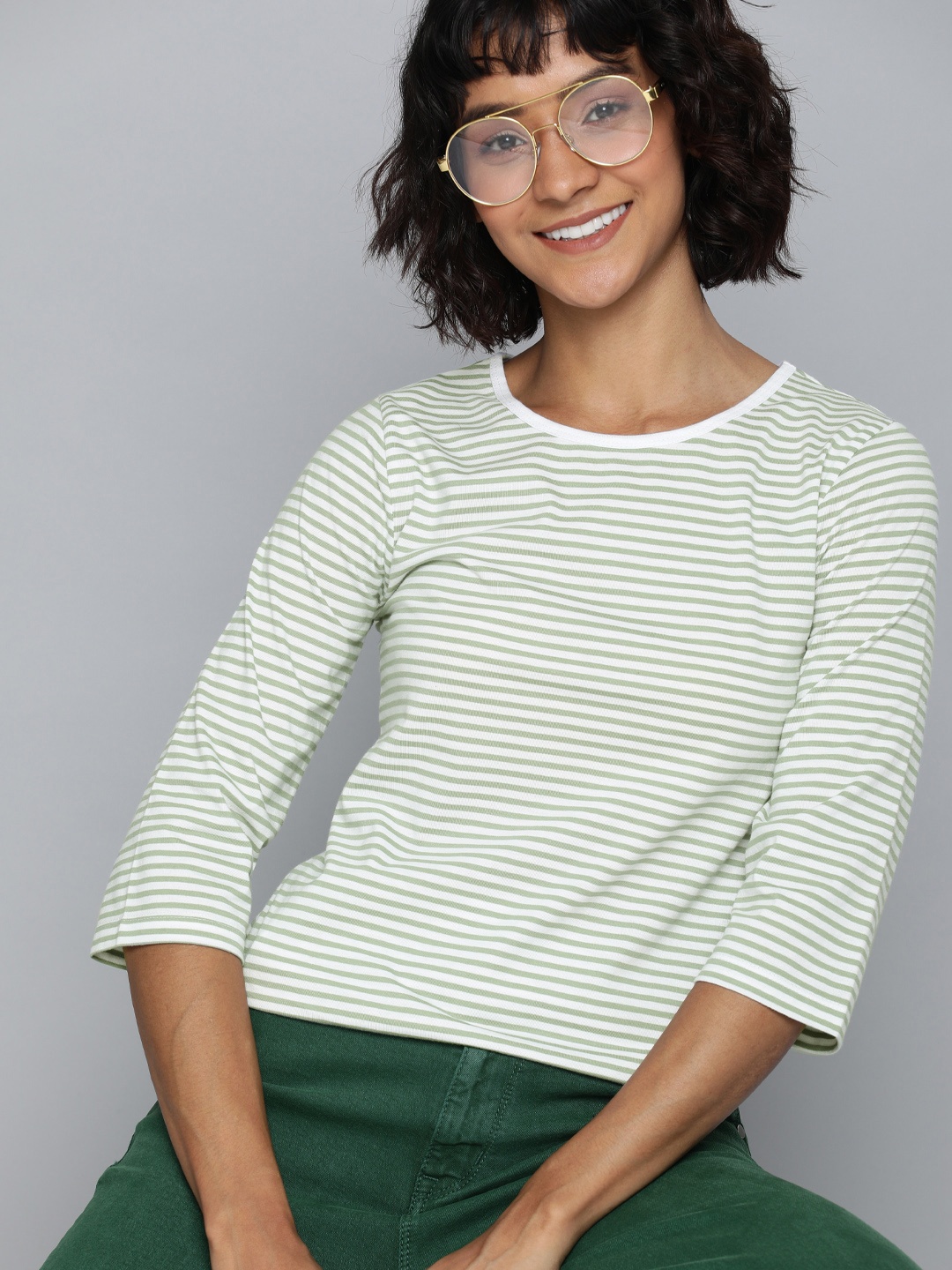 

HERE&NOW Women White & Green Striped Round Neck T-shirt