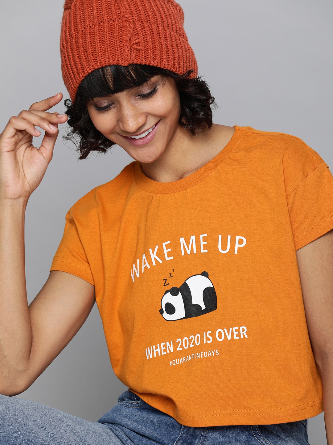 

HERENOW Women Orange Printed Round Neck Cropped Pure Cotton T-shirt