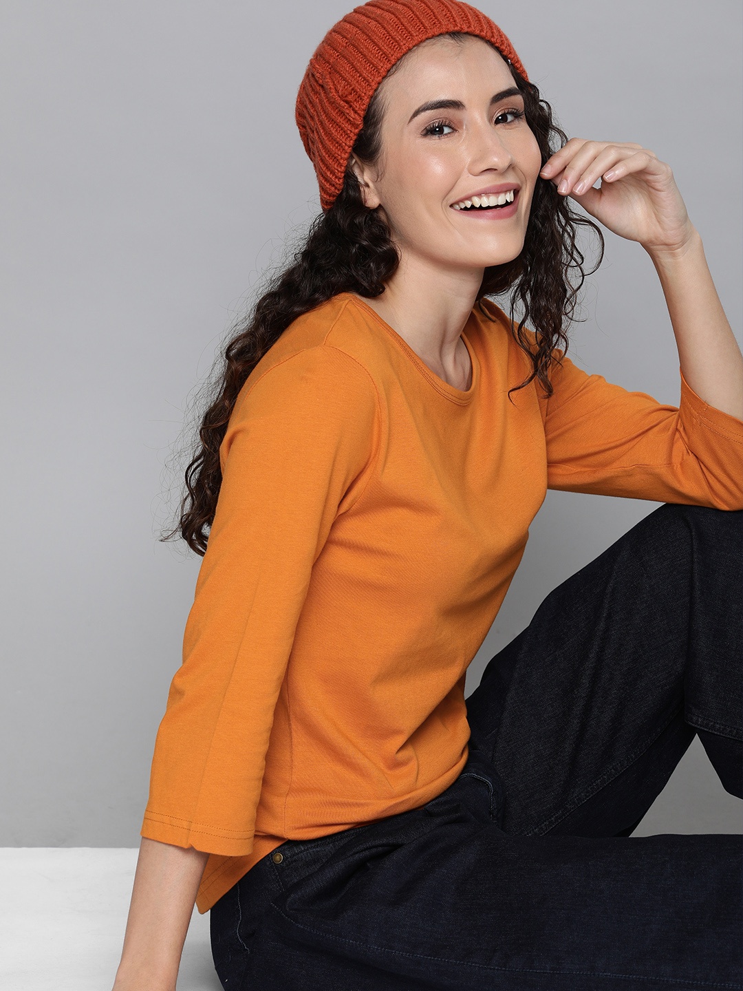 

HERENOW Women Orange Solid Round Neck Pure Cotton T-shirt