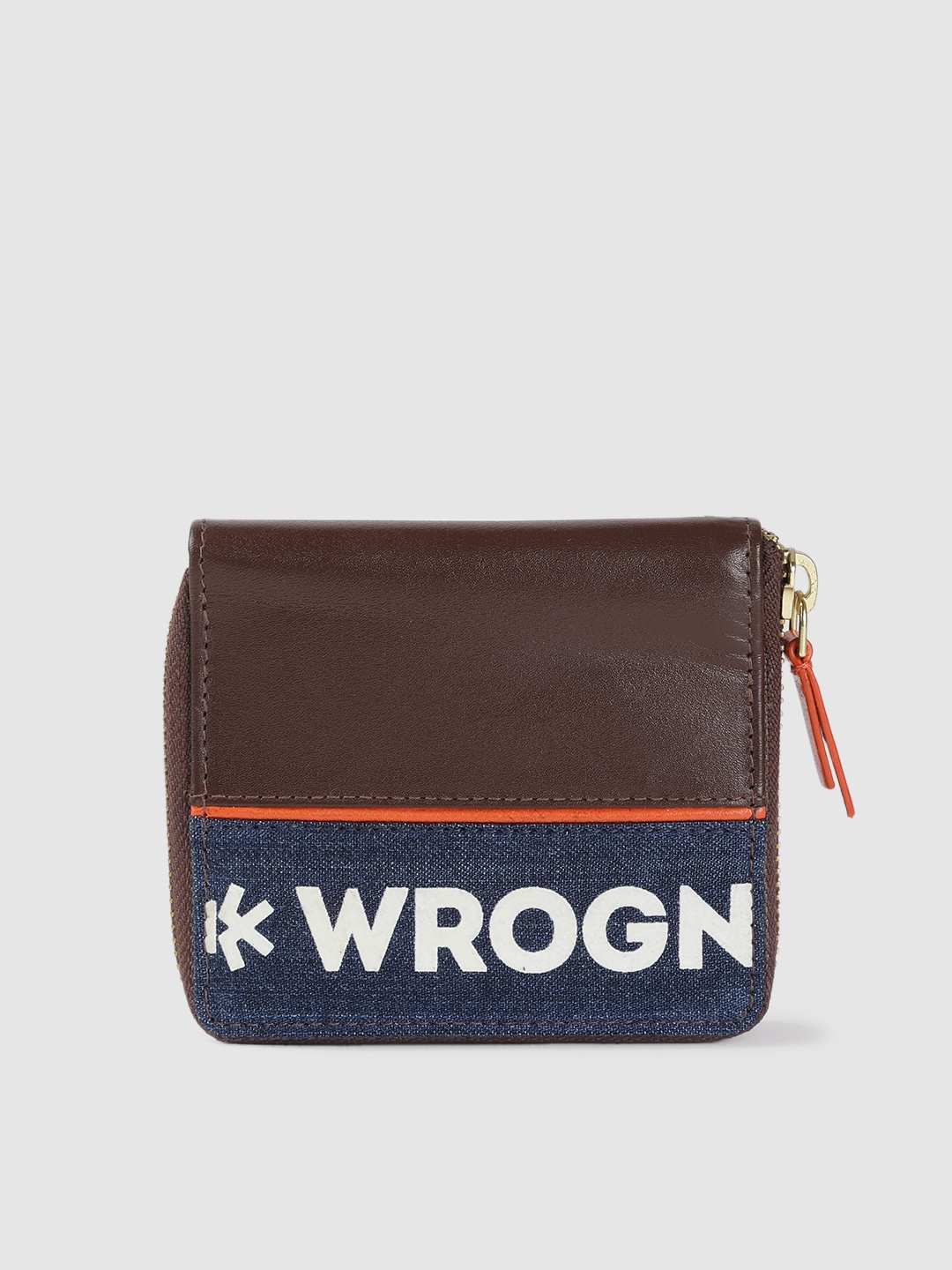

WROGN Men Coffee Brown & Navy Blue Brand Logo Print Zip Around Wallet