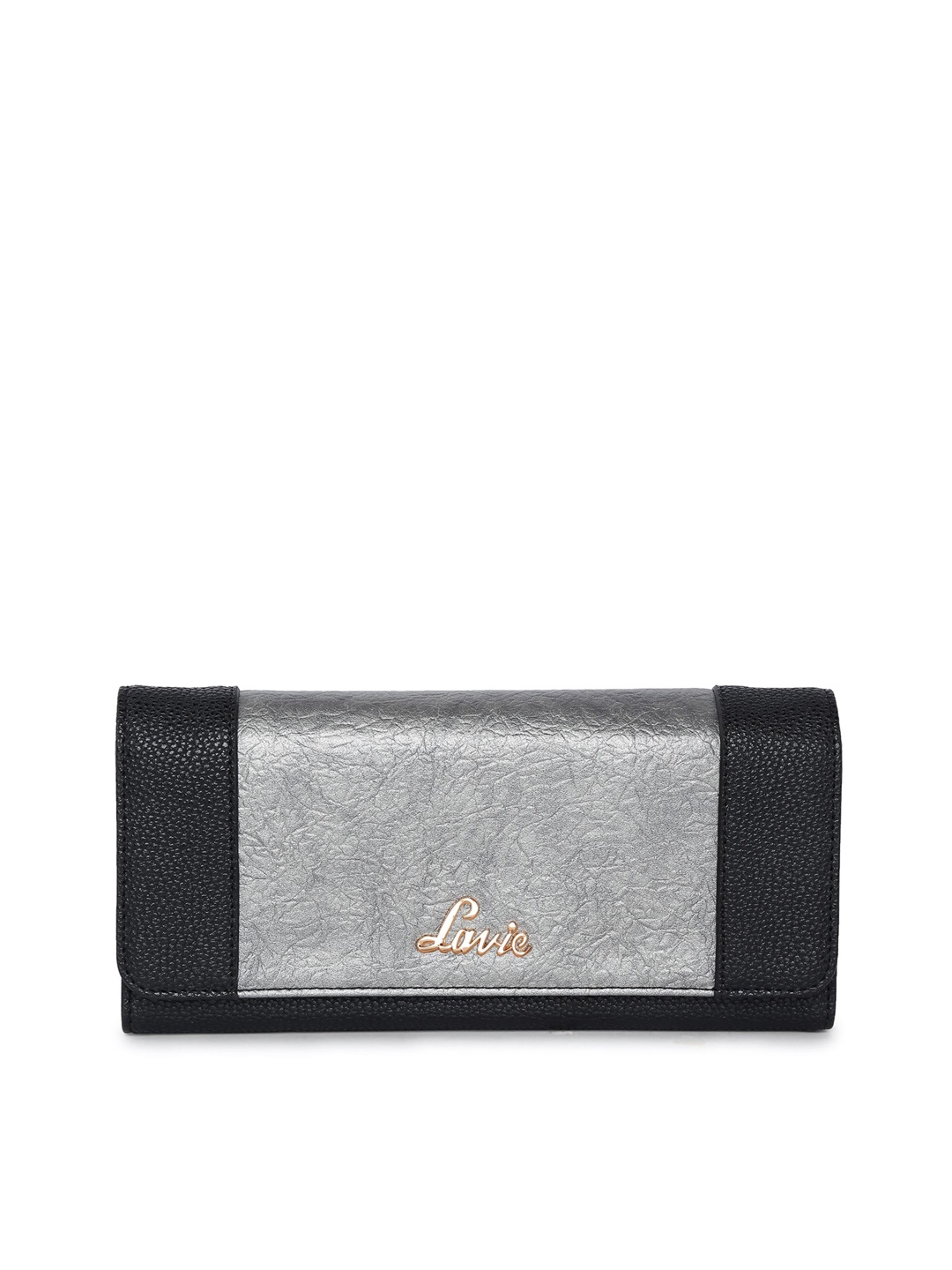 

Lavie Women Black & Silver-Toned Colourblocked Three Fold Wallet