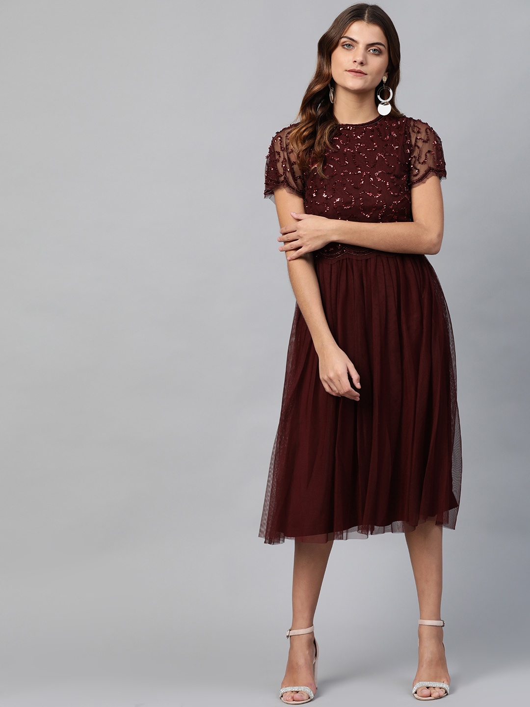 

DOROTHY PERKINS Women Burgundy Sequinned Fit and Flare Net Dress