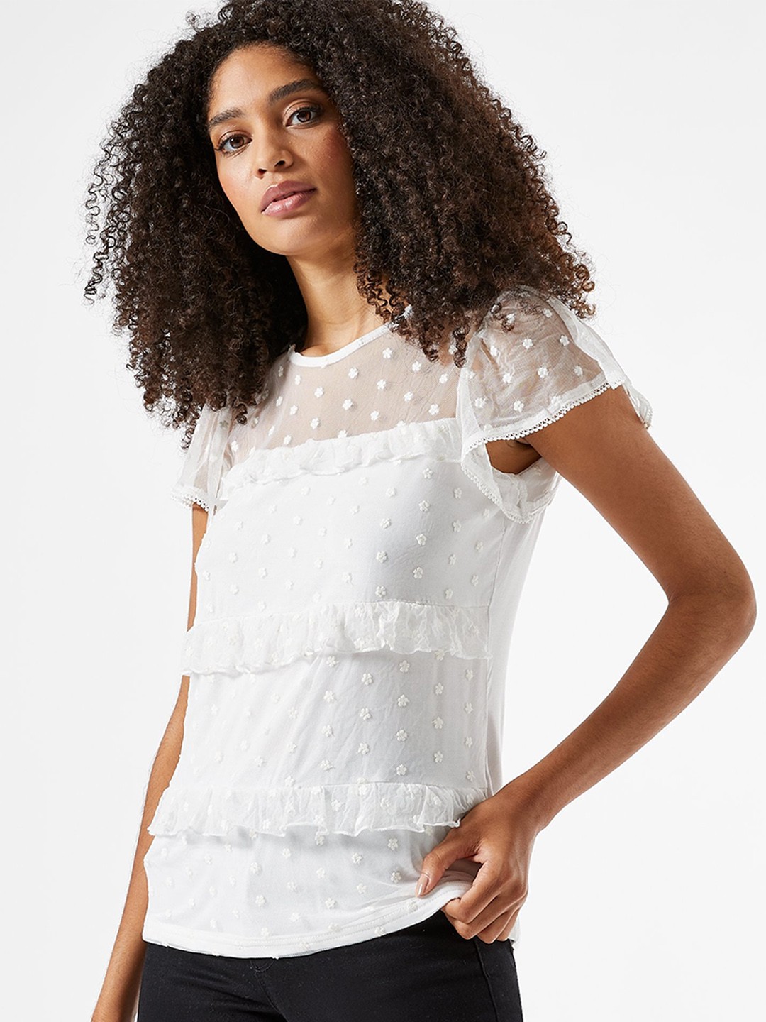 

DOROTHY PERKINS Women White Embroidered Top with Ruffled Detail