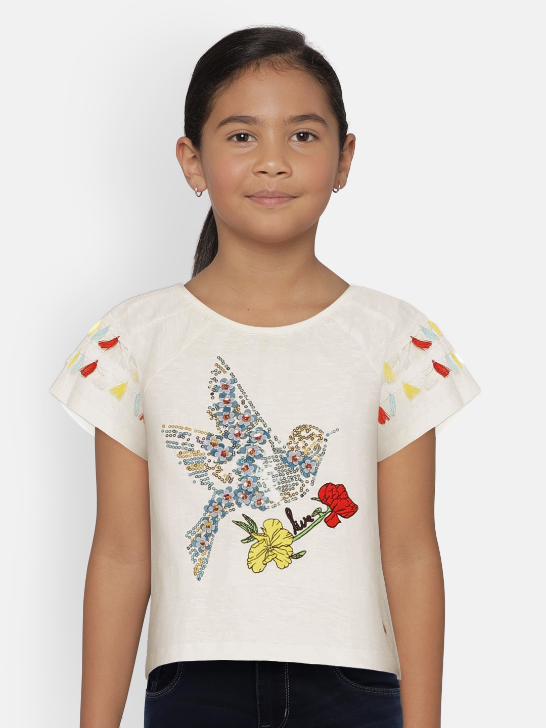 

UNDER FOURTEEN ONLY Girls Cream-Coloured Printed Round Neck T-shirt