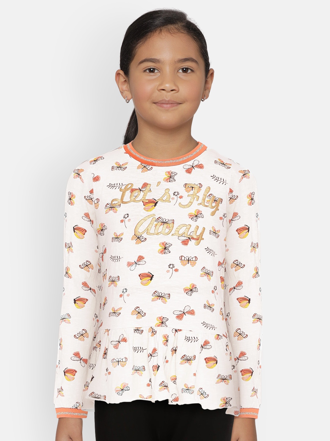 

UNDER FOURTEEN ONLY Girls Off-White Printed Round Neck Pure Cotton T-shirt