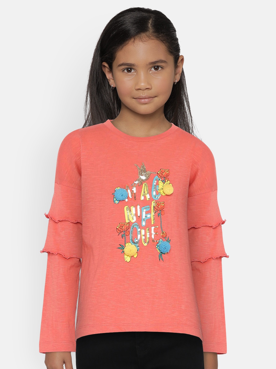 

UNDER FOURTEEN ONLY Girls Coral Embellished Pure Cotton Top