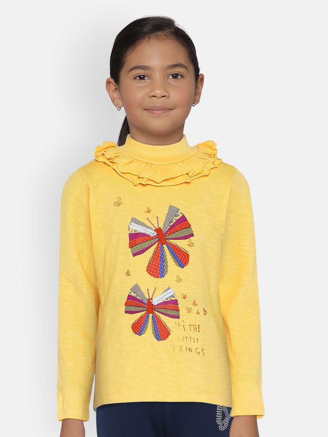 

UNDER FOURTEEN ONLY Girls Yellow Printed Round Neck T-shirt
