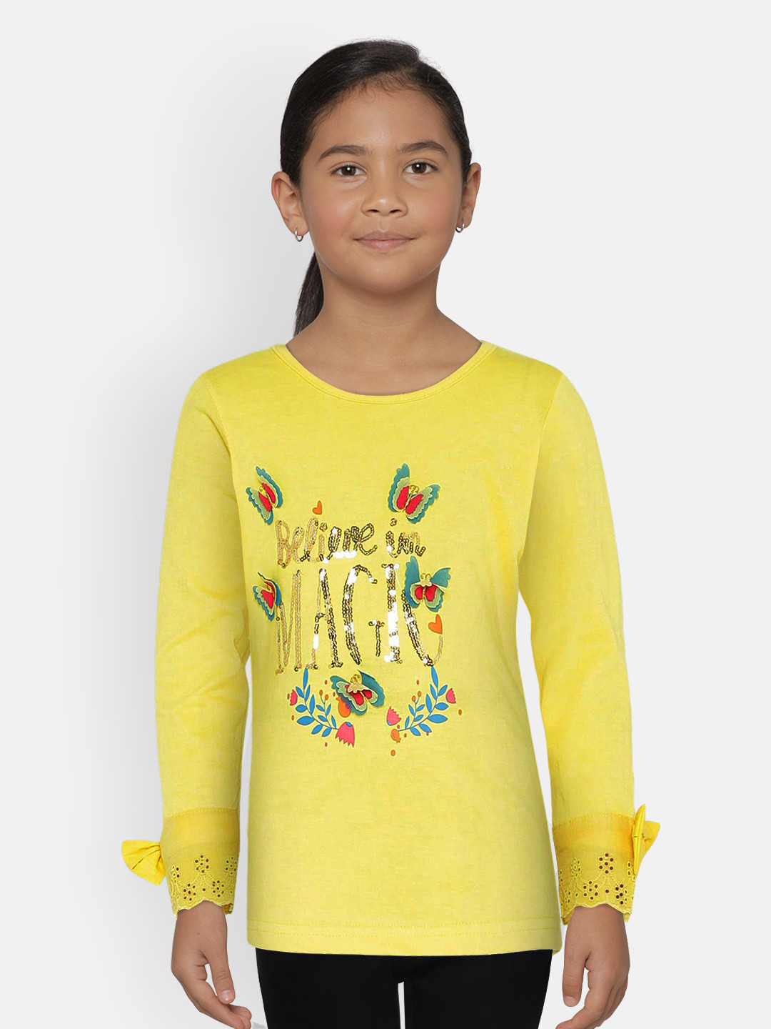 

UNDER FOURTEEN ONLY Girls Yellow Self Design Round Neck T-shirt