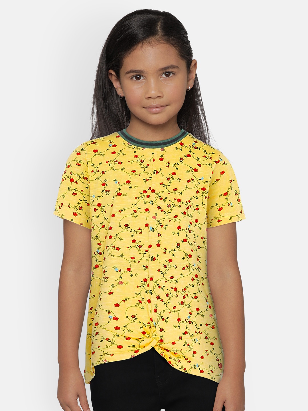 

UNDER FOURTEEN ONLY Girls Yellow Printed Round Neck Pure Cotton T-shirt