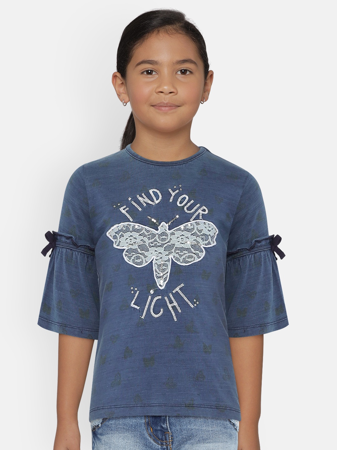 

UNDER FOURTEEN ONLY Girls Blue Printed Pure Cotton Top