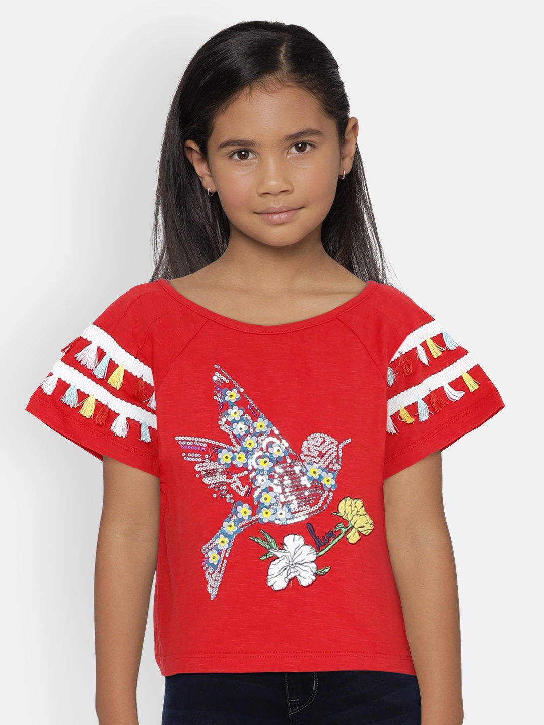 

UNDER FOURTEEN ONLY Girls Red Printed Round Neck T-shirt