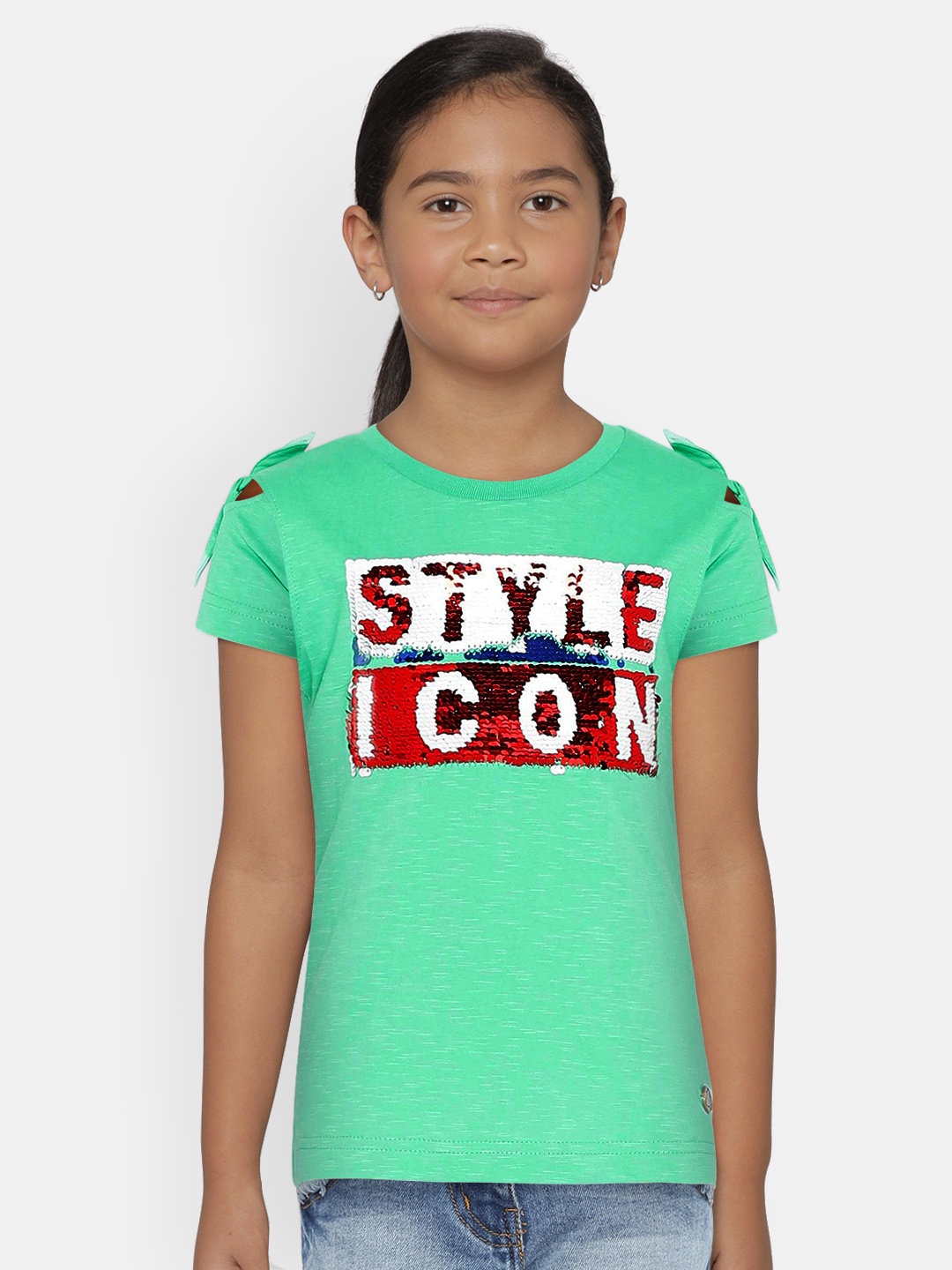 

UNDER FOURTEEN ONLY Girls Green Flip Sequin Top