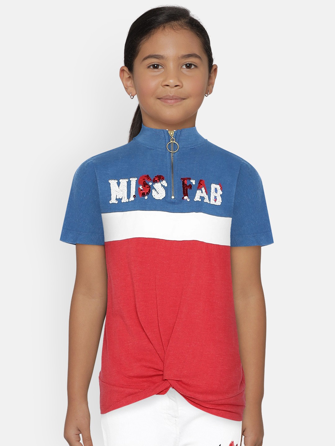 

UNDER FOURTEEN ONLY Girls Red And Blue Colourblocked Mandarin Collar T-shirt