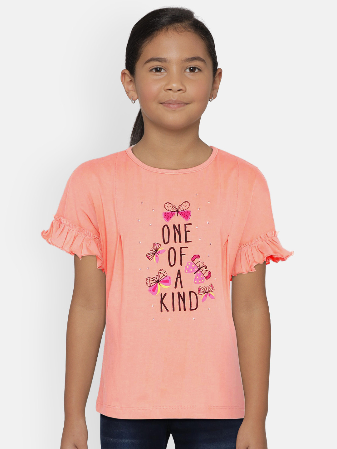 

UNDER FOURTEEN ONLY Girls Peach-Coloured Printed Pure Cotton Top