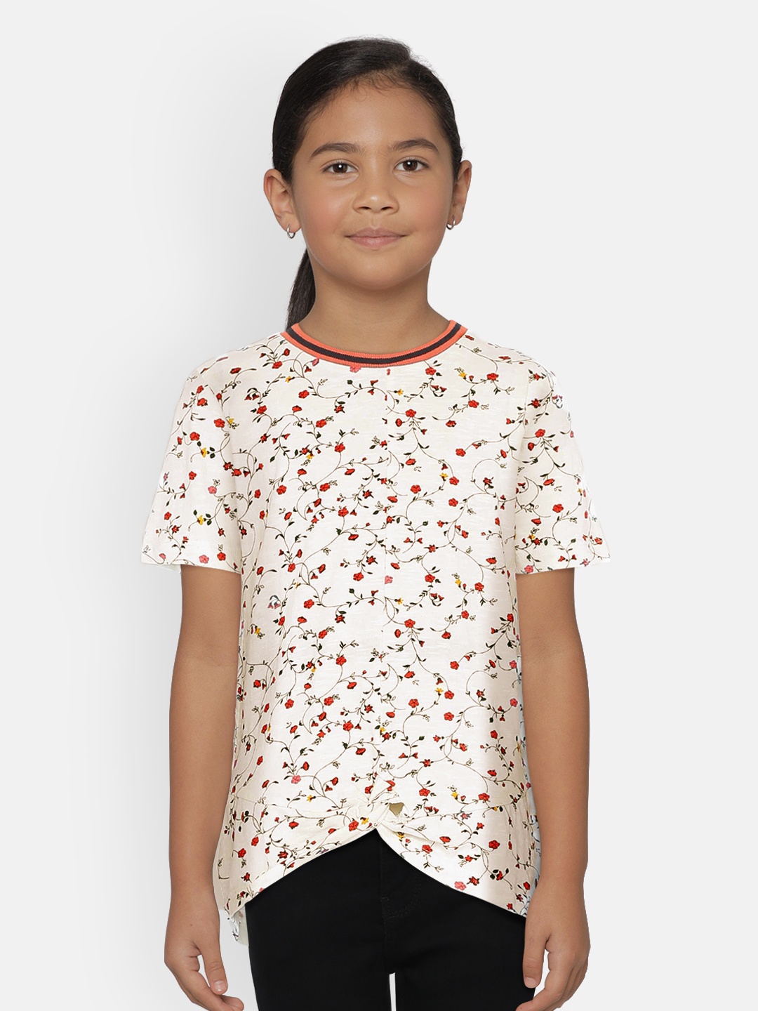 

UNDER FOURTEEN ONLY Girls Off-White Printed Round Neck T-shirt