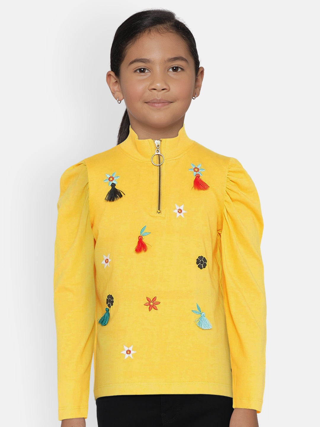 

UNDER FOURTEEN ONLY Girls Yellow Embroidered Puffy Sleeve Top