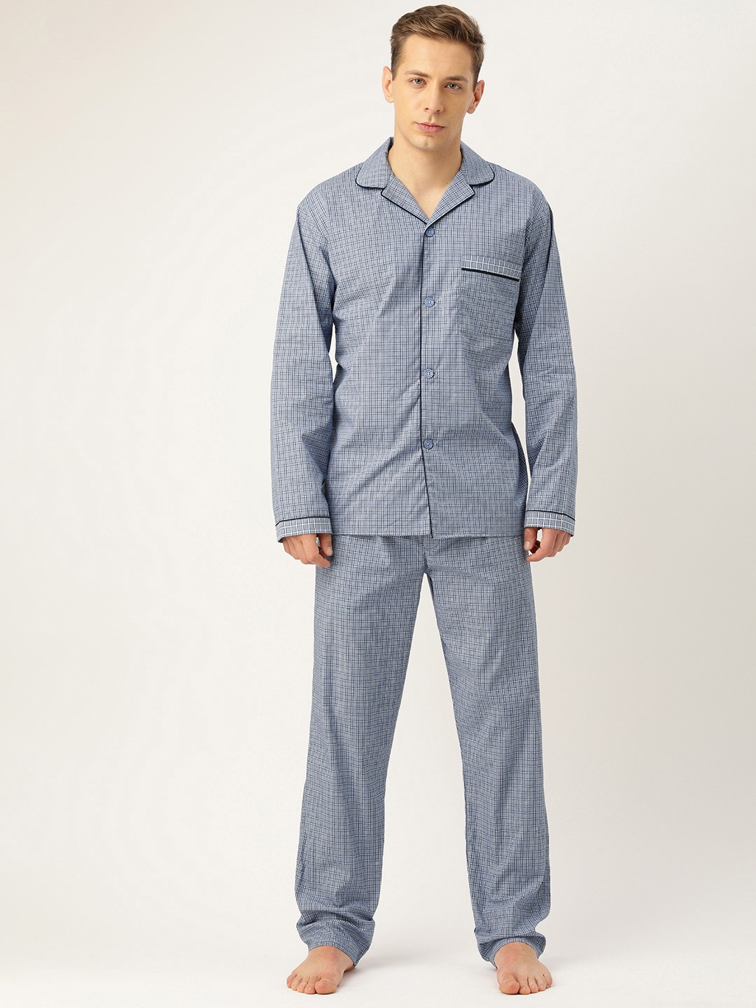 

Hancock Men Grey & Blue Checked Night suit