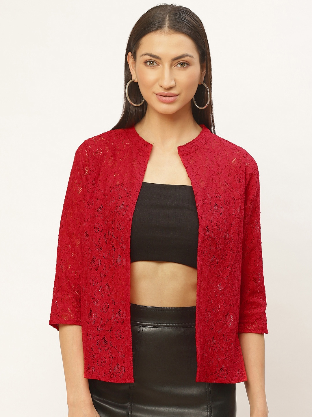 

Rute Women Red Solid Open Front Shrug