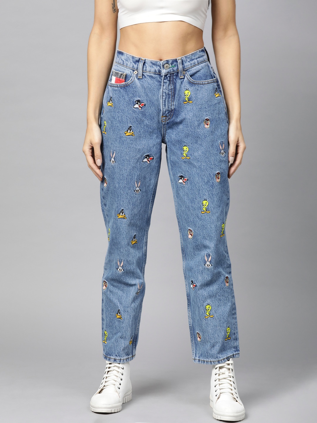 

Tommy Hilfiger Women Blue Tapered Fit Looney Tunes Embroidered High-Rise Clean Look Jeans