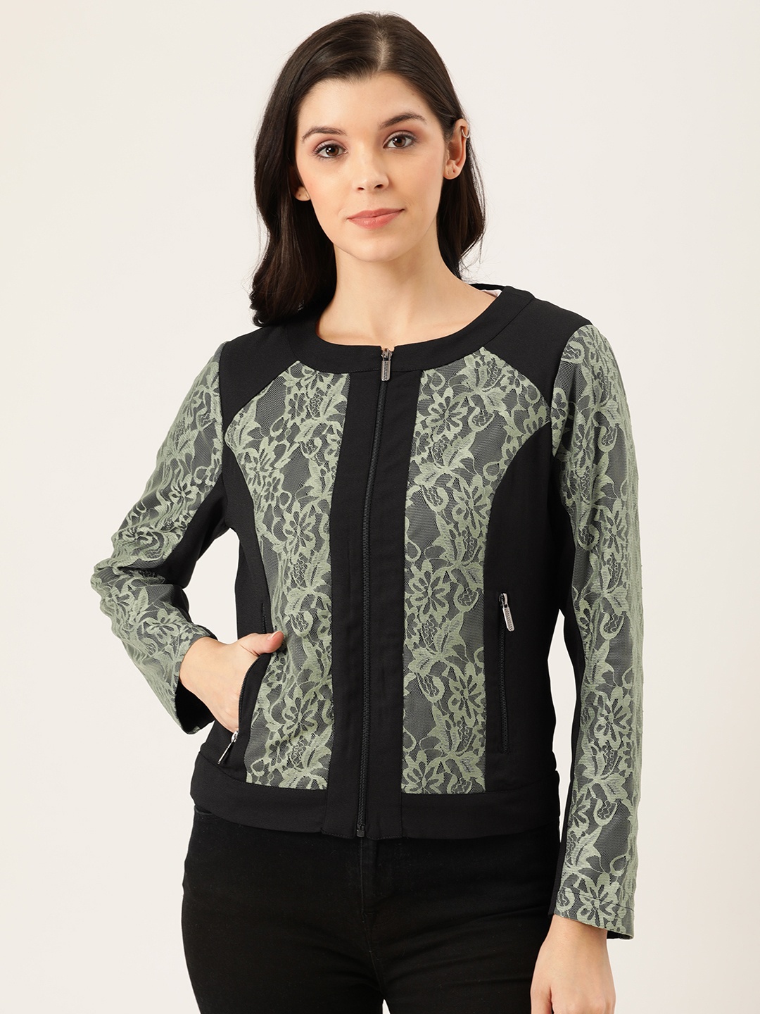 

QUIERO Women Black & Green Floral Self-Design Tailored Jacket