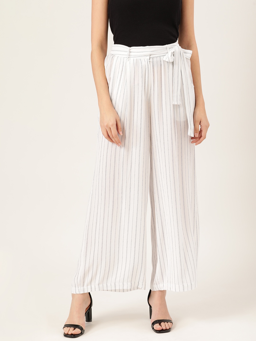 

QUIERO Women White & Black Self-Striped Wide Leg Palazzos
