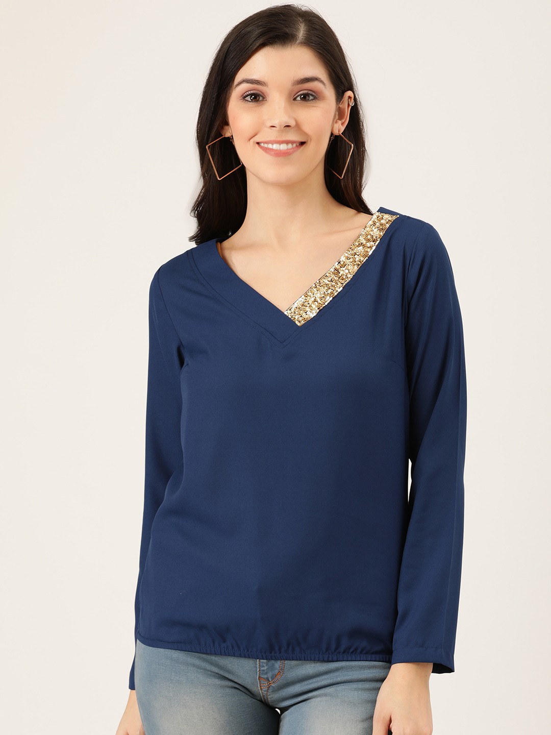 

QUIERO Women Navy Blue Solid Blouson Top