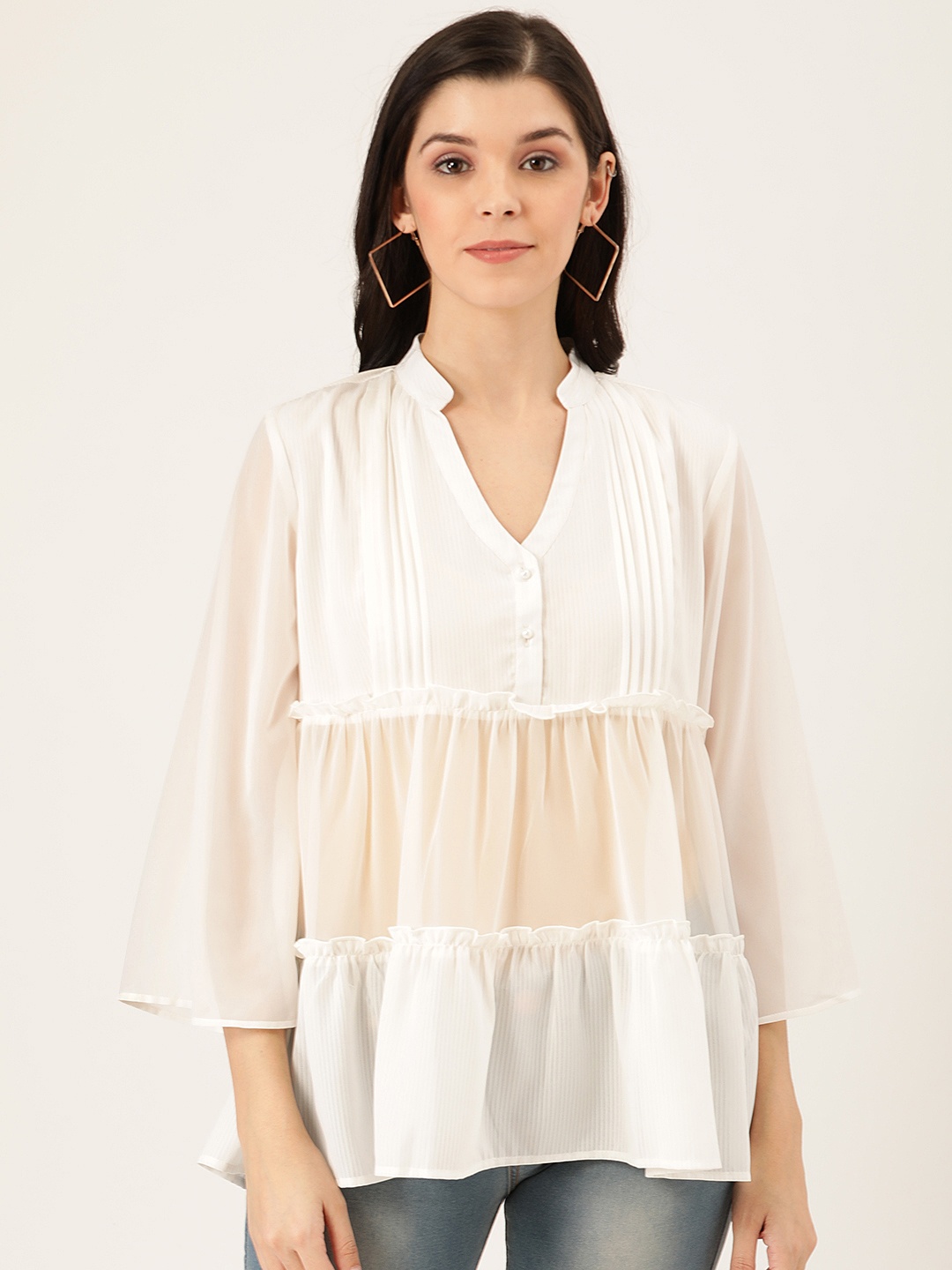 

QUIERO Women White Self-Striped Semi-Sheer Tiered A-Line Top