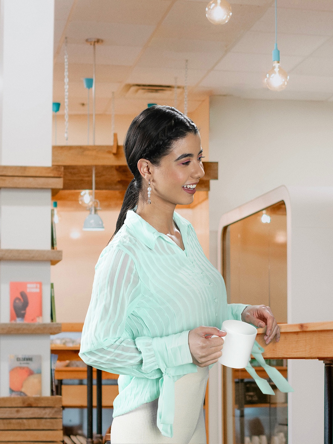 

QUIERO Women Sea Green Regular Fit Striped Semi Sheer Casual Shirt