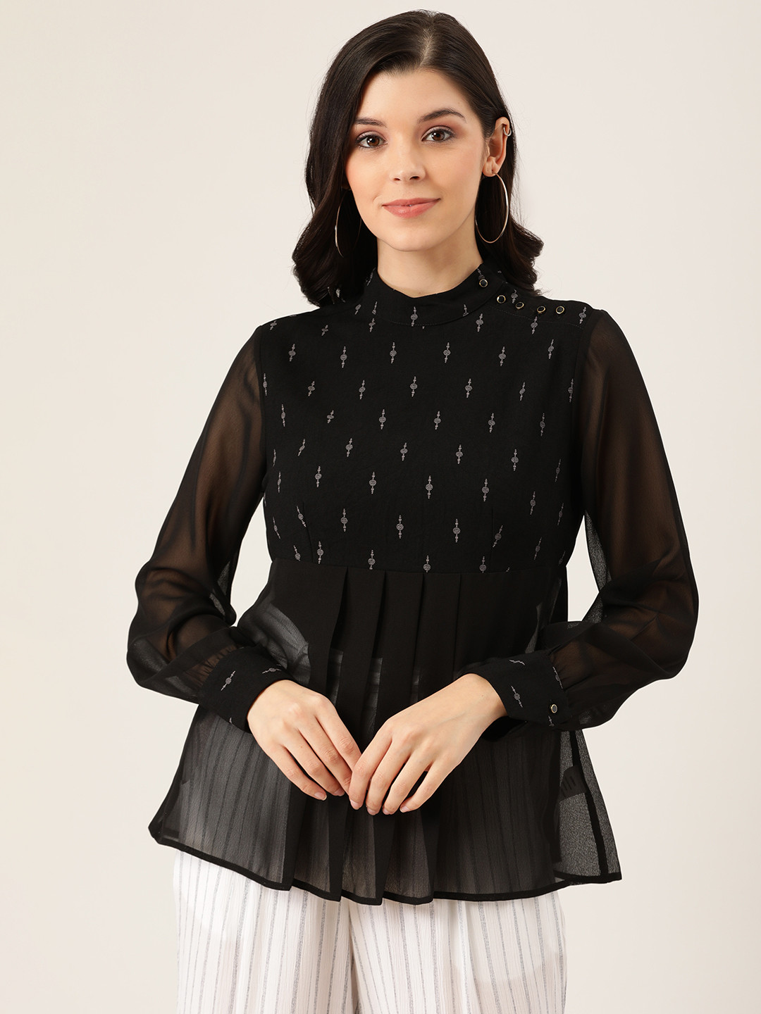 

QUIERO Women Black Printed Pleated A-Line Top