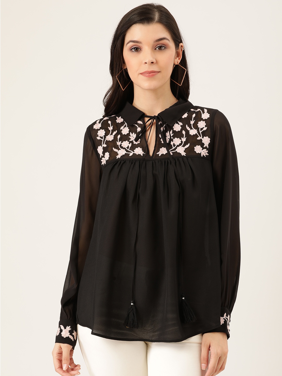 

QUIERO Women Black & Pink Embroidered Empire Top