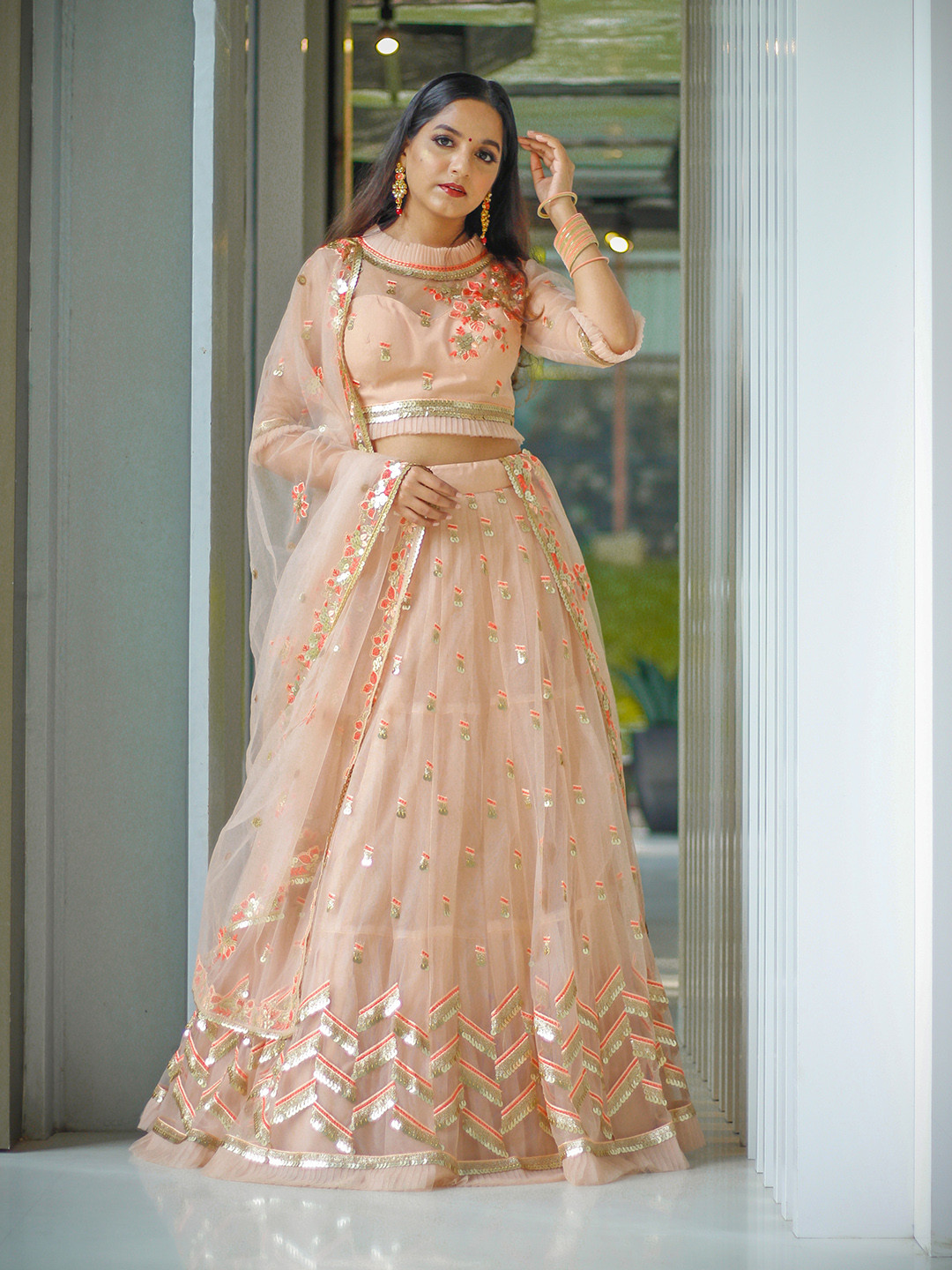 

panchhi Peach-Coloured & Pink Semi-Stitched Lehenga & Unstitched Blouse with Dupatta