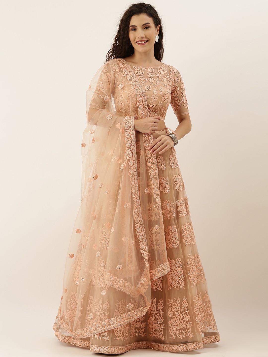 

panchhi Peach-Coloured Embroidered Semi-Stitched Lehenga & Unstitched Blouse with Dupatta