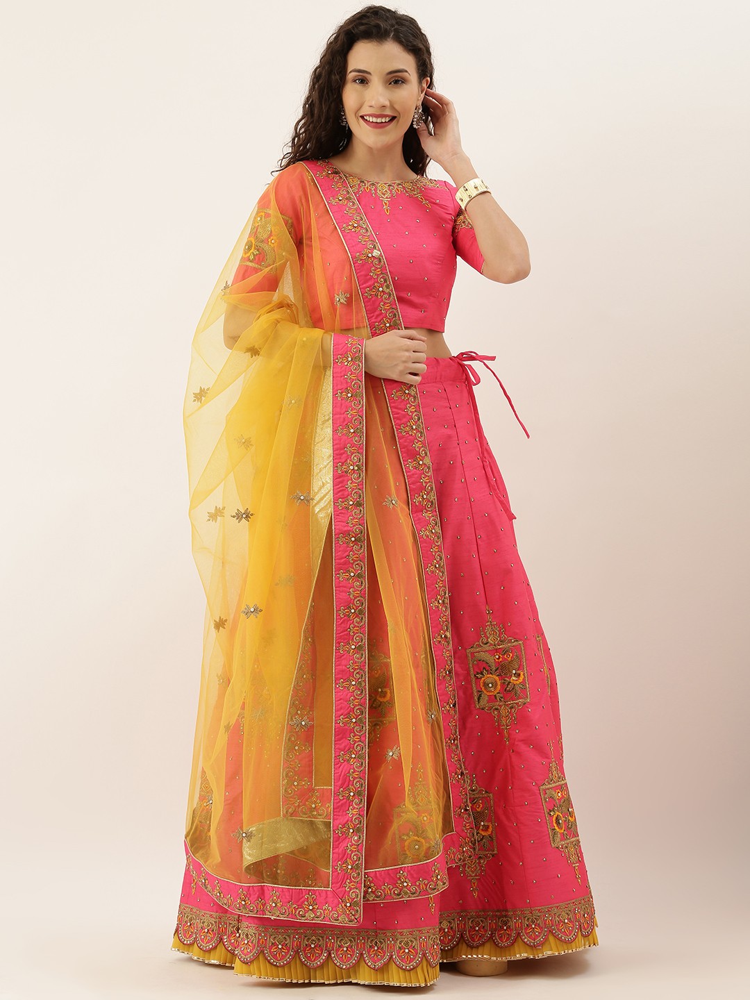 

panchhi Pink & Mustard Embroidered Semi-Stitched Lehenga & Unstitched Blouse with Dupatta