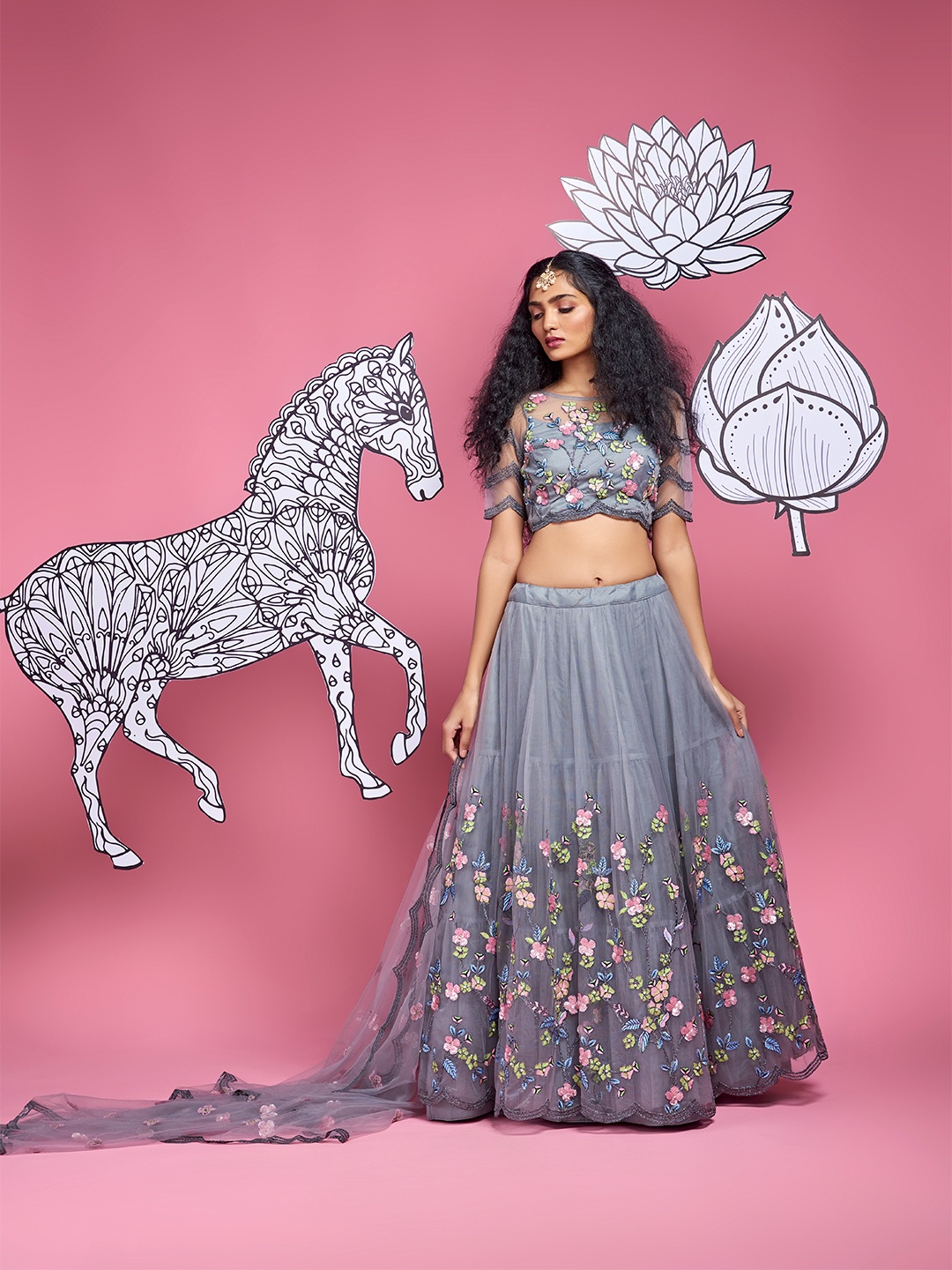 

panchhi Grey & Pink Embroidered Semi-Stitched Lehenga & Unstitched Blouse with Dupatta